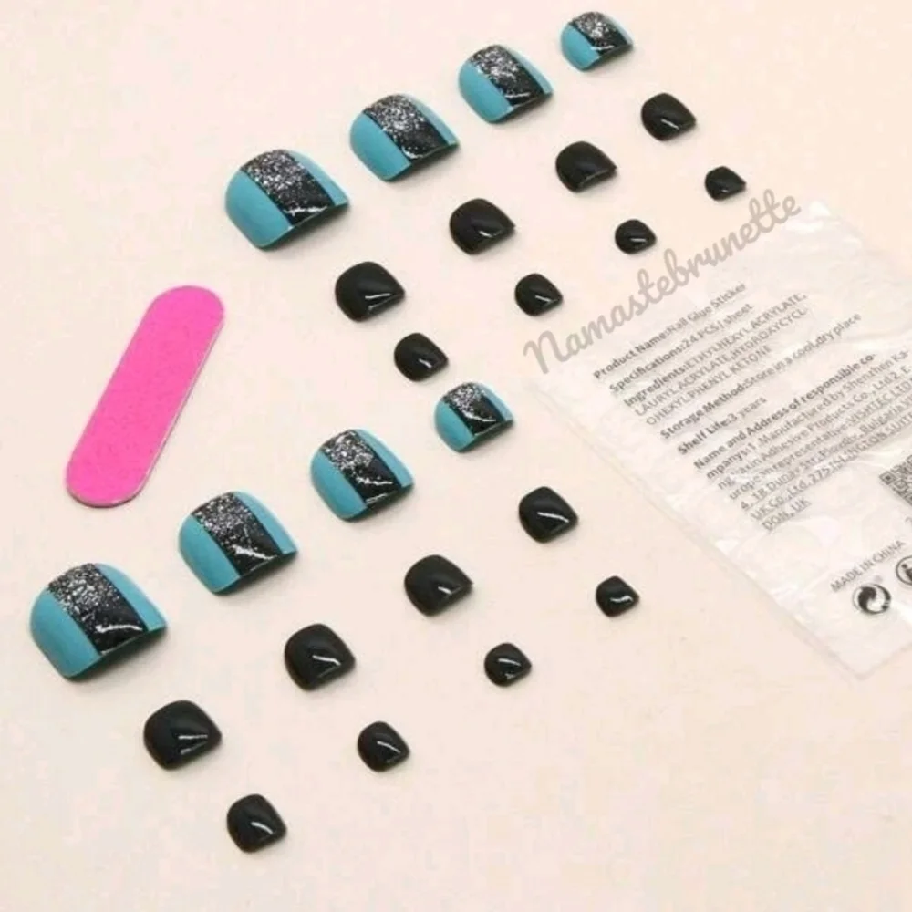 2/$16 Blue Black Glitter Press On Toenails
